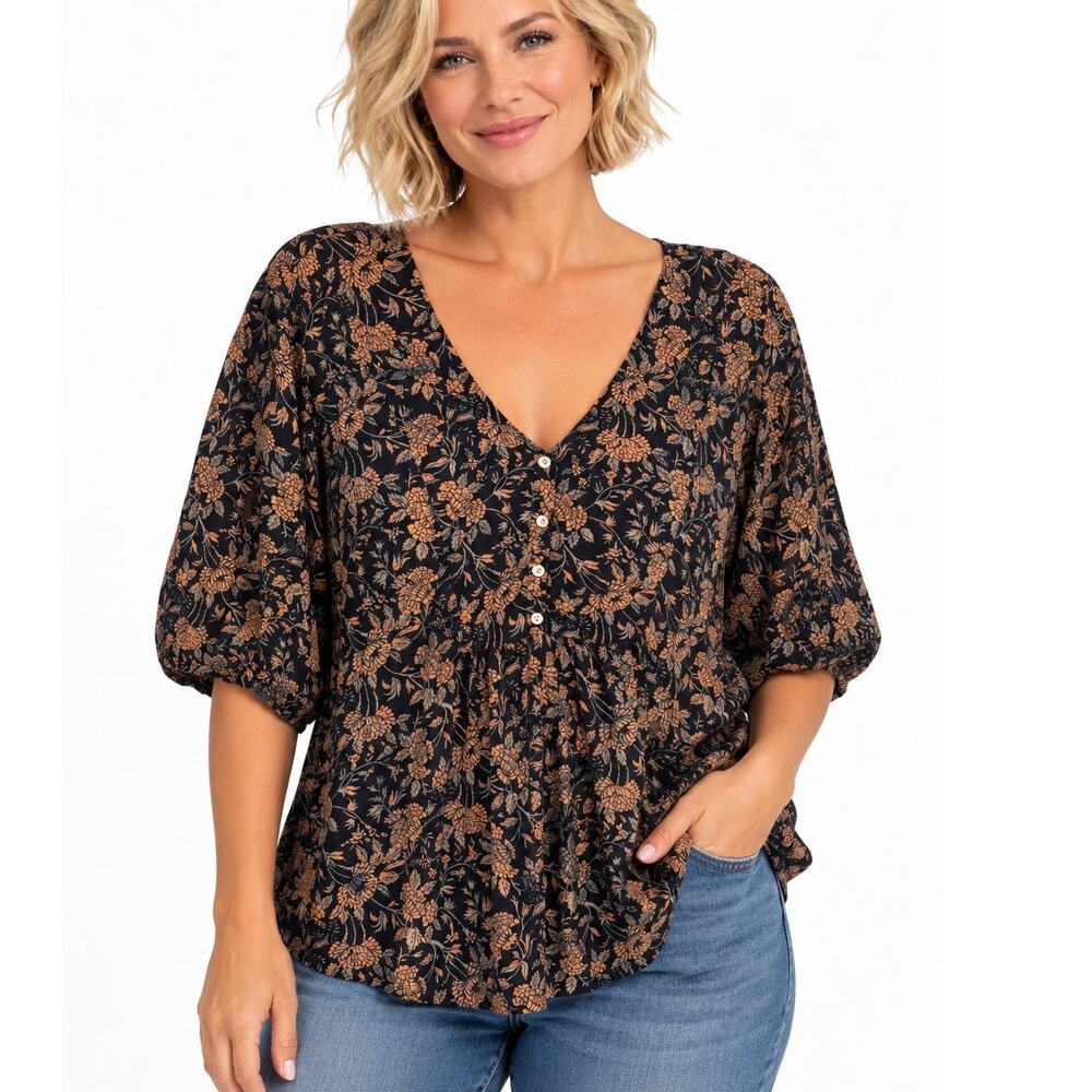 Lucky Brand Boho Floral V-Neck Henley Womens Large Blue Peach Knit Top Boho